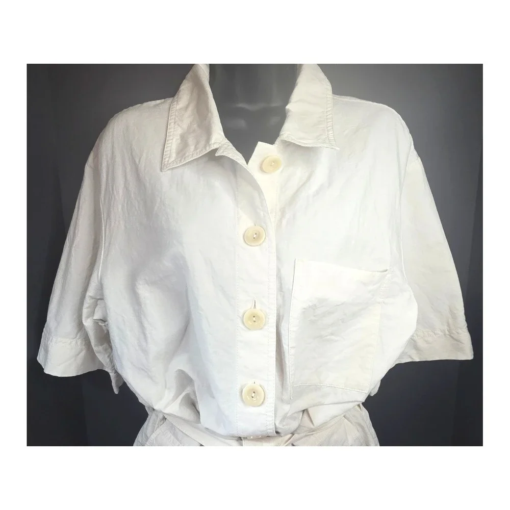 COS Bone Color Linen Short Sleeve Button Front Belted Utility Jumpsuit Size 10